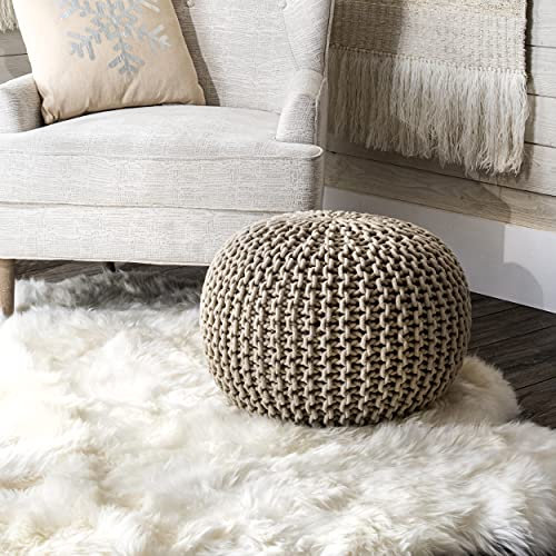 nuLOOM Bruges Ottoman-Pouf aus gestrickter Baumwolle, einfarbig, rund, gefüllt