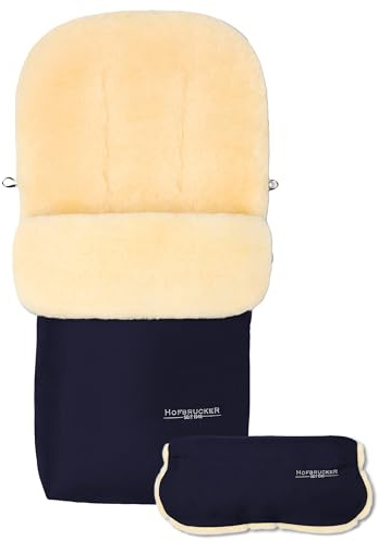 Hofbrucker Winter Lammfell Fußsack Putzi – Set mit Handwärmer – wind & wasserabweisend für Kinderwagen & Buggy, echtes Lammfell, warm & atmungsaktiv, Oberteil abnehmbar, Made in Germany (navy)