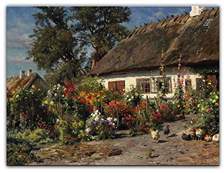 Kunstdruck Poster - Peder Mork Mönsted Ein Bauerngarten mit Hühnern 30x20 cm ca. A4 - Alte Meister Bild ohne Rahmen