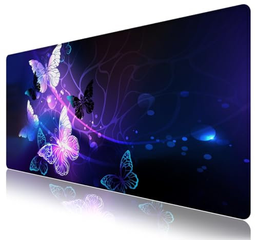 Extended Gaming Mouse Pad Mat- Large Desk Mat Non-Slip Rubber Base Computer Desktop Laptop Keyboard Mouse Mat Stitched Edges, 35.1x15.75 inch XXL Waterproof Mousepad for Work & Game, Arts Butterfly