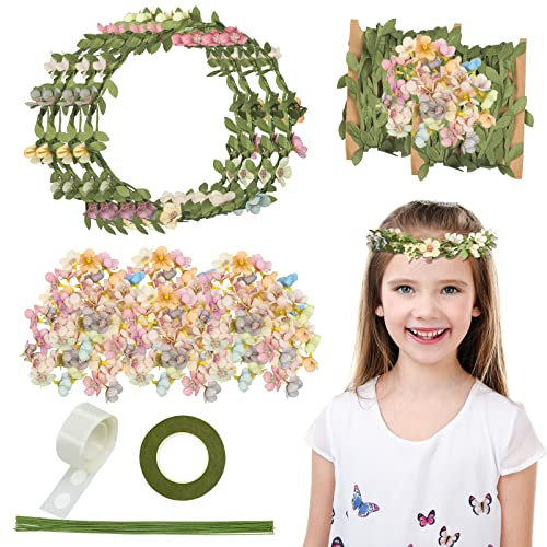 LAITER 18 Stück Karneval Blumenkranz Bastelset Kinder DIY Blumenkrone Haare Stirnband Künstliche Blätter Kranz Krone Kopfschmuck für Karneval Kostüm Mädchen Hochzeit Frühling