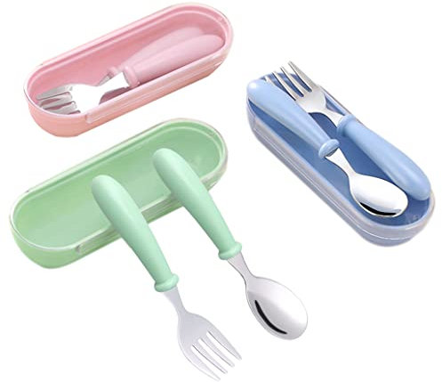 3 Toddler Fork and Spoon Sets, Safe Baby Tableware Kids Feeding Cutlery Utensils with Travel Case, Pink + Green + Blue