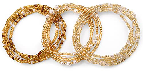 Yolev 3 Stück Afrikanische Perlen Taillenkette Gold Geschichtetes Perlen Taillenketten Armband Stretch Körperketten Schmuck für Damen und Mädchen