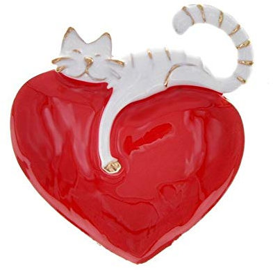 Générique - Broche bijou Chat Blanc sur Coeur Rouge en acier inoxydable - Rouge - Broc - Broche - 4,5 x 4 cm - Unisex - Fermoir tige avec sécurité - Bonne idée cadeau