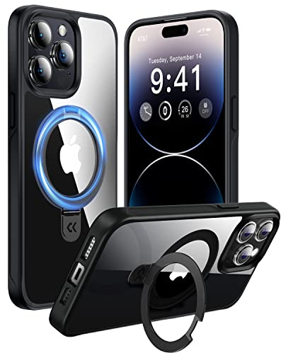 CASEKOO Designed for iPhone 14 Pro Case with Magnetic Invisible Stand [10FT Military Protection] [Compatible with MagSafe] Shockproof Slim Transparent for iPhone Pro Case 6.1'' 2024, Black Clear