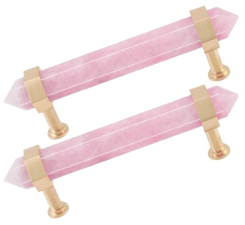 mookaitedecor 2 Stück Gebürstetes Messing mit Rosenquarz Doppel Kristall Punkte Schubladenknöpfe Schublade Griffe Schrankknöpfe für Schrank Küchengriffe
