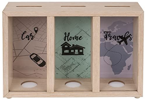 ootb Spardose mit 3 Fächern Holz Urlaubskasse Sparbüchse Geschenkidee Reisekasse Car Home Travels, Einheitsgröße, Mehrfarbig