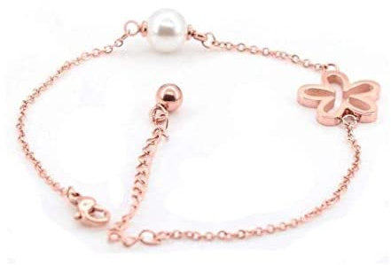 Kaguyo 14k Rose gold plated Stainless Steel pearl clover Infinity link charm Bracelet for women girls, friendship birthday gift (pearl clove bracelets)