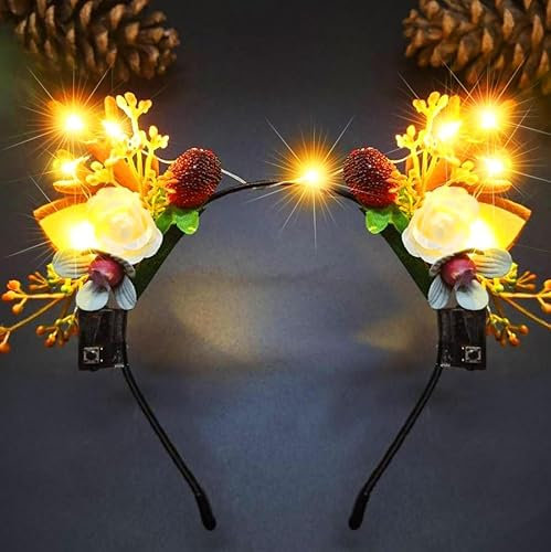 Fashband Bandeaux de Noël lumineux pour cheveux avec bois de renne et fleur - Accessoires pour cheveux pour femmes et filles (chaud)