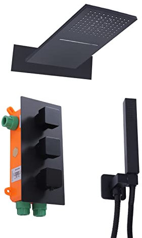 Schwarze Thermostat Duscharmatur Set Komplettset Regendusche Duschset | Luxus-Duscherlebnis | Hochwertiges Messing | 360° drehbare Halterung | Wasserfall & Regenbrause