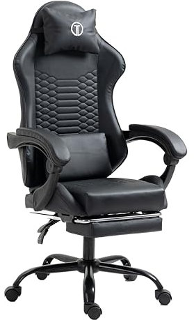 TITANO Gaming Stuhl, Ergonomischer Bürostuhl mit Verstellbarer Höhe, Lenden- & Memory-Foam-Kopfkissen, Armlehnen und Fußstütze, Racing PC Stuhl bis 120kg Belastbar (Schwarz)