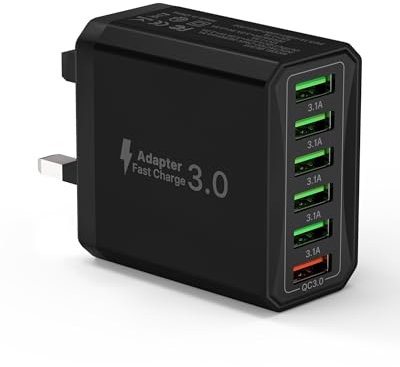33W USB Plug Fast Charge, 6-Port Multi Charger Plug UK Charging Plug Power Adapter Multiple Quick Charge 3.0 Wall Plug for iPhone 16 15 14 13 12 11 Pro Max XR XS 8 Plus, iPad, Samsung, Handy