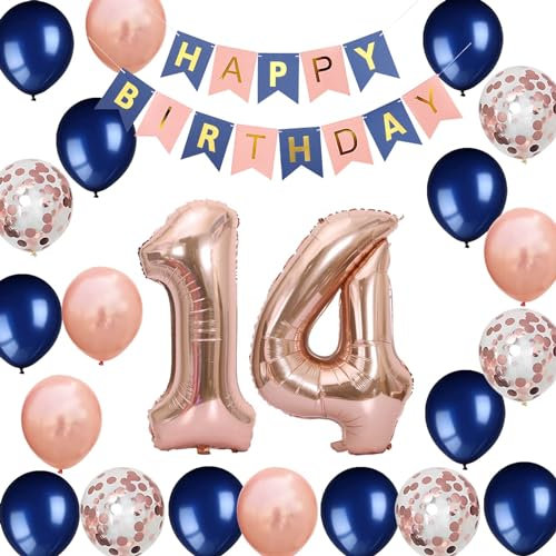 14. Geburtstag Dekoration Mädchen, Luftballon 14. Geburtstag Party Marineblau Rose Gold, 14 Jahr Geburtstagsdeko Mädchen, 14. Ballon Marineblau Rosegold Deko, 14. Geburtstag Deko Mädchen Jungen(14.)