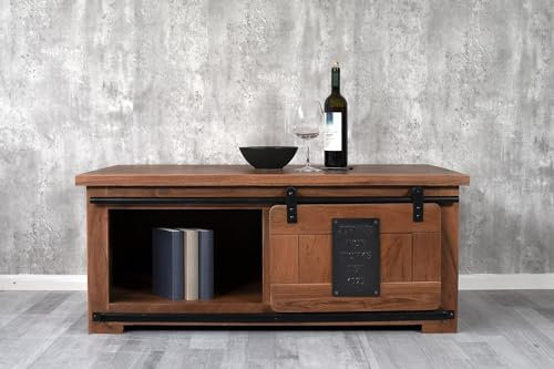 SAM Couchtisch Libro, Akazienholz massiv + nussbaumfarben, Sofatisch mit Holzschiebetür & 3 offenen Fächern, Türelemente & Reling aus Eisen, 110 x 45 x 70 cm