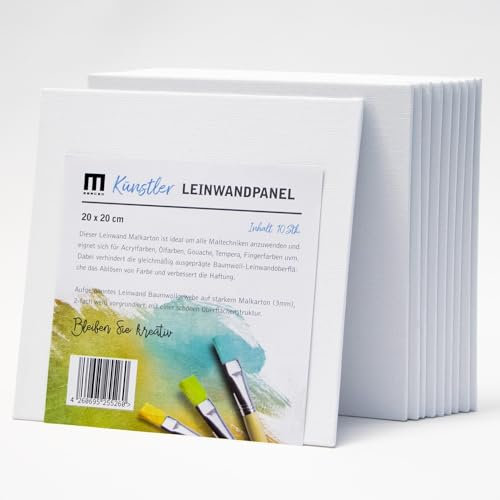 10 Stk. 20x20cm Künstler-Leinwand Malkarton, Malpappen zum bemalen, das leere weiße Leinwandpanel ist aus 100% Baumwolle, 2-fach weiß grundiert und 3mm stark - zum Malen für Profis, Kinder, Hobby