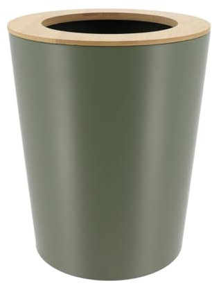 TENDANCE Poubelle de salle de bain 5L en métal Vert Kaki avec couvercle en Bambou