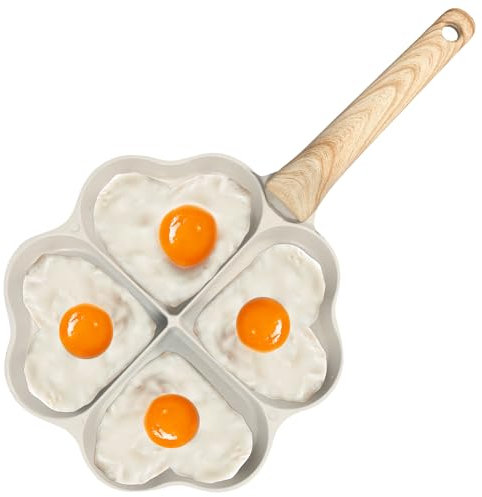 Littleduckling 4-Cup Nonstick Egg Frying Omelette Pan Heart Breakfast Egg Skillet Pancake Pan with Wooden Handle Aluminum Egg Burger Fried Egg Pan for Hobs & Induction(Beige)