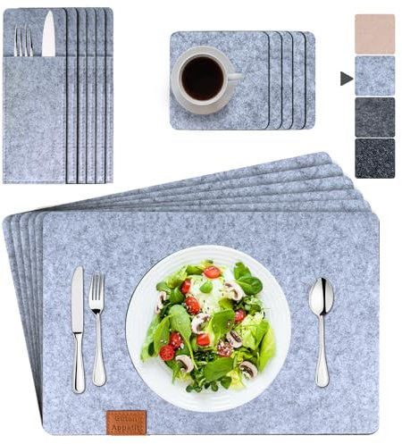 ARTAND Platzsets Abwaschbar Filz Tischsets Ausschließlich Vegane Platzdeckchen mit Untersetzer Bestecktasche - 6er Set, 05 Filz Hellgrau