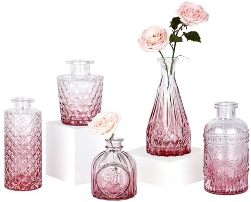 TBWIND Pink Day Glasvasen, 5er-Set, kleine Blumenvasen für Tafelaufsätze, Mini-Vintage-Vase für Hochzeitsdekoration, einzelne Blumen und Tischdekoration