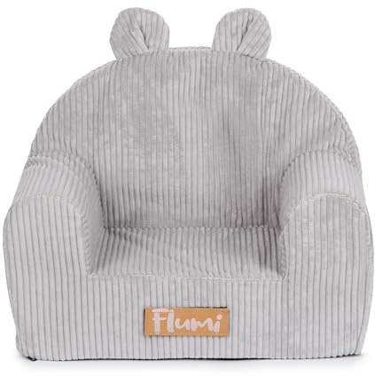 Flumi Personalisierte Kindersessel – Babysessel - Kindersitz fur Kinderzimmer Spielzimmer – Sessel mit Gravur Kindername (Grauer Kord)