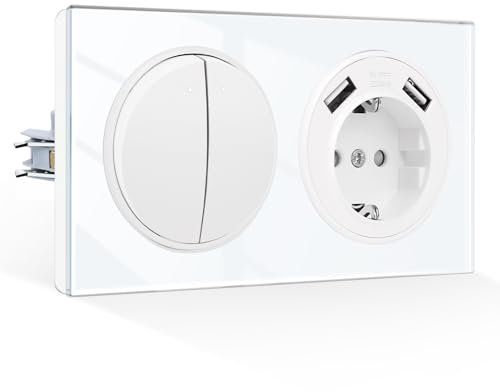 CNBINGO Interruptor de luz con enchufe, empotrable, cristal, redondo, 2 vías, 1 vía, 3,1 A, USB A, color blanco