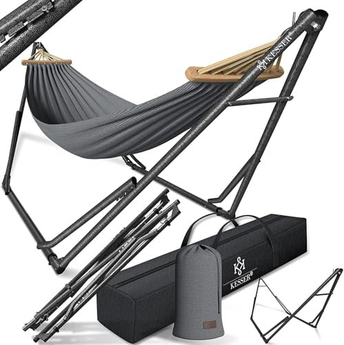 KESSER® Vill Hamac avec armature en métal pliable réglable Cadre stable pour l'intérieur et l'extérieur avec sac de transport + sac de transport pour camping, jardin, piscine, balcon, terrasse, gris