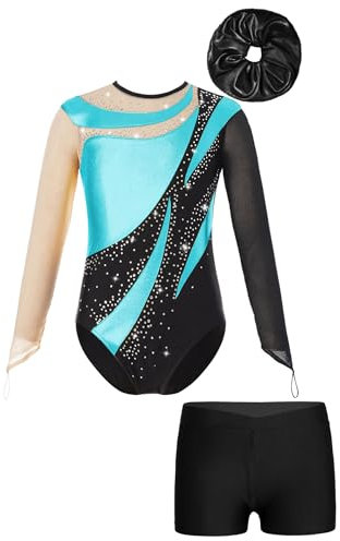 Xnihocha Mädchen Gymnastikanzug für Kinder Langarm Turnanzug Ballettanzug mit kurzer Hose Haarband 3-teiliger Tanz Outfits Türkis und Schwarz 146-152