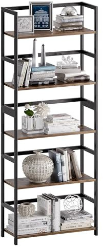 vovala 5-Tier Bookshelf, Industrial Bookcase with Bamboo Frame, Modern Display Standing Shelf Unit, Tall Wood Storage Organizer for Living Room, Home Office, Rustic Brown