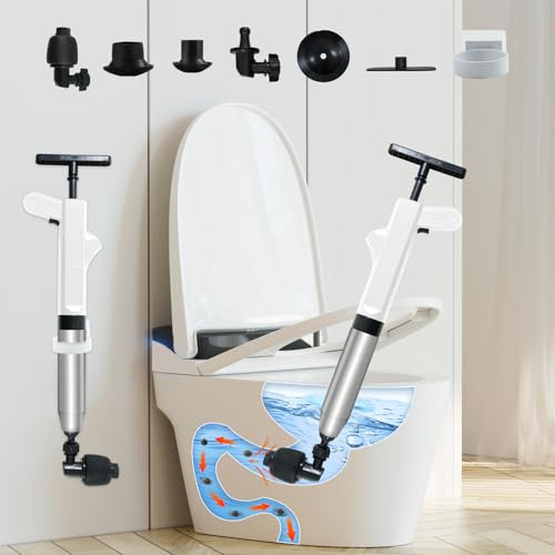 Toilet Unblocker Heavy Duty Toilet Plunger with 4 Replaceable Heads, Plunger Sink Unblocker for Unblocking Toilets, High Pressure Plunger Kit for Unblocking Toilet Shower Floor Drain and Pipe Clog