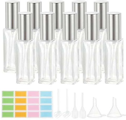 PATIKIL Travel Perfume Bottle Refillable, 10 Pcs 10ml Travel Size Mist Perfume Bottle Empty Glass Sprayer with Labels Funnel Pipette for Liquid Essential Oil, Clear/Silver Tone