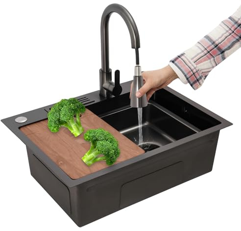 Spülbecken mit Wasserhahn, Multifunktions Wasserfall-Spüle mit Seifenspender Messerhalter Schneidebrett und 360° Drehbare Pull Wasserhahn, Spüle für Bars, Balkone, Wohnungen, Küchen, 60x45 CM