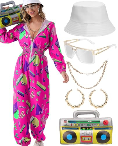 80er 90er Jahre Outfit Jumpsuit Damen, Trainingsanzug Overall Hoodie, Jogginganzug mit Aufblasbarer Ghettoblaster Hut Gläser Halskette Ohrringe,Karneval Fasching Mottoparty Kostüm