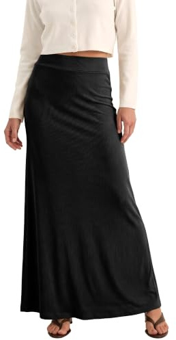 EXCHIC Femme Tricoté Élastique Trapèze Taille Haute Maxi Jupe