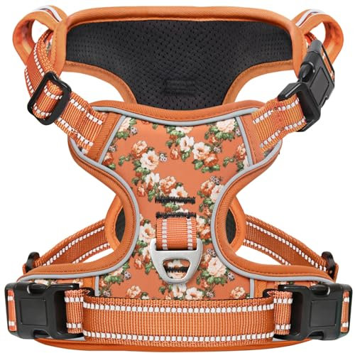 HEELE Hundegeschirr für Mittelgroße Hunde, Weich Atmungsaktiv Einstellbar Reflektierend Anti Zug Hundegeschirr mit Gepolstert Grifff, 3 Schnallen, Geblümt-Orange, M