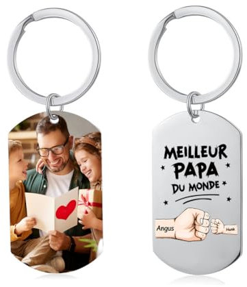 Jeweidea Porte Clef Personnalisé pour Papa Porte-clés Personnalisé Prénom Photo Gravés Cadeau Papa Cadeau Fete Des Peres (F-Argent)