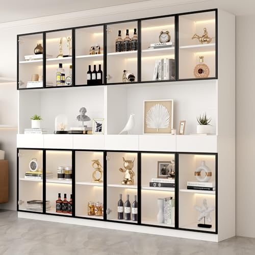 Dolamaní Vitrinenschrank mit LED Beleuchtung, 36x240x200 cm, Vitrine mit 6 Glastüren und Arbeitsplatte, Glasschrank für Wohnzimmer (Weiß A x2)