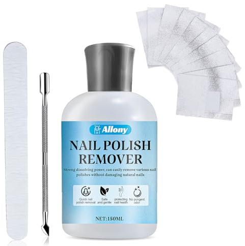 150ml Acetone Gel Polish Remover, Acetone Acrylic Remover Kit con Cuticle Pusher Tool, Professional Nail file, 10 PCS Nail Foil Wraps, Easy to Remove, Protect Nail Health