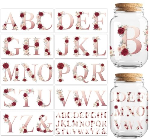 Peacoblue Calcomanías de transferencia UV DTF con diseño de flores con 26 letras del alfabeto, 10 hojas de calcomanías de transferencia de vinilo personalizadas impermeables de 16 onzas para taza de