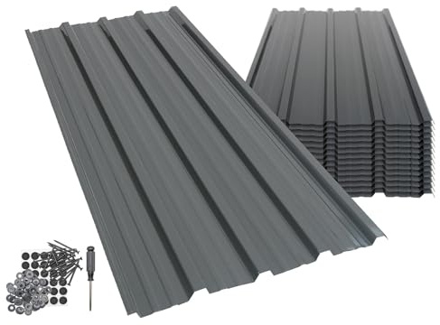Harbour Housewares 14-Pack Corrugated Metal Roofing Sheets - Anthracite - Galvanised Steel Waterproof Rust-Resistant Heavy Duty Panels 110x46cm for Shed Outbuilding Shelter Roof Repair