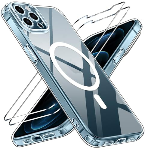 ivoler für iPhone 12 Pro Max Hülle,mit 2 Panzerglas,MagsafeTransparent | Eingebauter Magnetring,Militärschutz, stoßfest, Matt Durchscheinend Rückseite , vollständiger Kameraschutz, dünne Passform