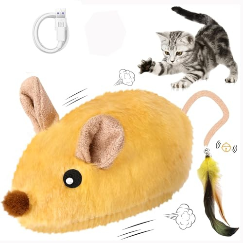 Interactive Mouse Cat Toy, Interactive Cat Toys Mouse for Indoor, Moving Cat Toy Mouse, Electric Automatic Moving Mouse Cat Toy Self Play with Feather & Bell, Prank Joke Scary Trick Rats for Cats