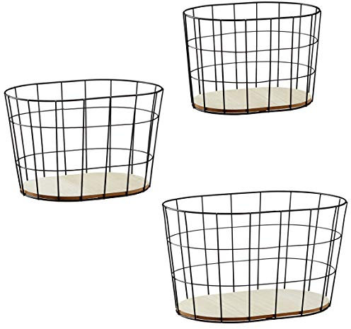 Bada Bing 3er Set Metall Korb mit Holzboden - Drahtschale Oval in Schwarz - moderner Aufbewahrungskorb aus Metall und Holz - Design in 3 Größen - Metallkorb Organizer - Dekoration Extravagant