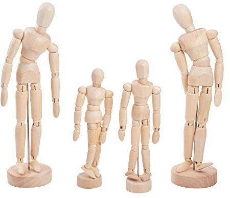 WANDIC Holzmännchen Blockhead, 4-teiliges Holz-Künstlerfiguren-Puppenmodell für Skizzenholzkohle Home Office Schreibtischdekoration Geschenk