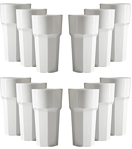 Lot de 12 gobelets incassables réutilisables en plastique polycarbonate blanc de forme octogonale 340 ml à bord Hauteur 14,4 cm Diamètre maximum 7,9 cm Alternative réaliste au verre véritable