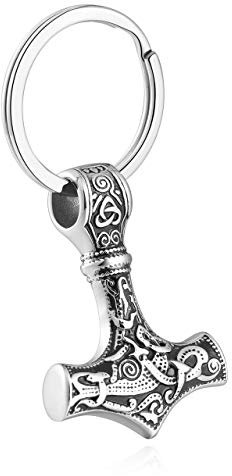 PiercingJak Porte-Clés Viking Homme Keychain Pendentif Mjolnir Marteau de Thor Odin Amulette Nordique Celtique Noeuds en Acier Inoxydable Cadeau Amoureux Amour Amitié (Argenté)