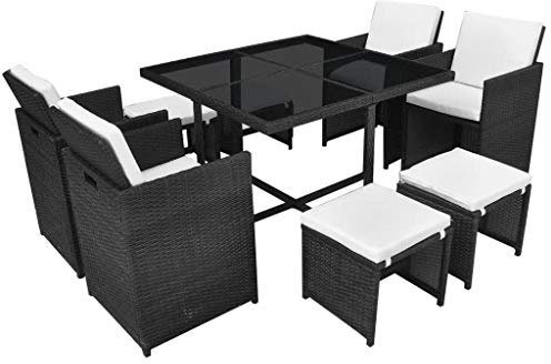 Festnight 9-TLG. Garten-Essgruppe mit Auflagen Sitzgruppe Gartenmöbel Terasse 4 Stühle 4 Hocker 1 Tisch Poly Rattan Schwarz