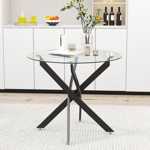 GOLDFAN Table de Salle à Manger Ronde en Verre Trempé Moderne, Une Petite Table à Manger de Cuisine 80 cm Noir Table pour 4 Personnes Salon Bureau, Noire
