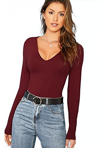 Women's Ladies Long Sleeve V Neck Basic Top Jersey Plain Stretchy Slim Fit Casual Wear T-Shirt Tee Tops 12-14 Wine