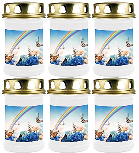 HS Candle Grabkerze Grablicht - 6er Pack - (Schmetterling Regenbogen) - ca 48h / 2 Tage Brenndauer je Kerze (14,5cm, Ø 7cm) - versch. Designs