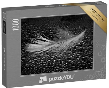 puzzleYOU: Puzzle 1000 Teile „Leichte Feder inmitten von Wassertropfen, schwarz-weiß“ – aus der Puzzle-Kollektion Fotokunst